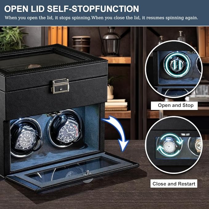 Automatic Watch Winder,Double Watch Winder and 8 Extra Storage Display Box with LED Light,Japanese Quiet Motor,Adjustable Watch Pillows,AC Adapter,Father’s Day Gift for Men