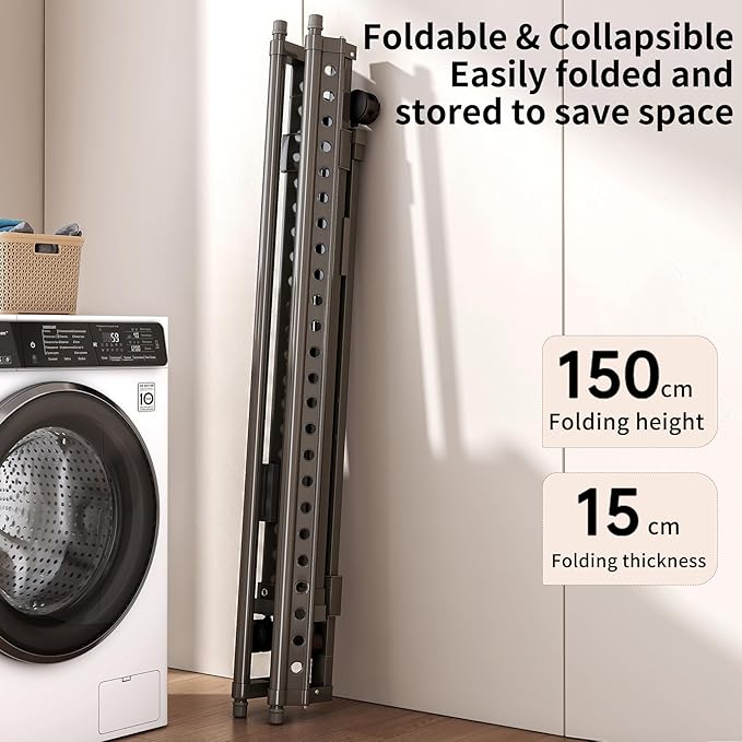 Double Rod Foldable Collapsible Extendable Rolling Clothes Drying Rack with Wheels, Heavy Duty Adjustable Freestanding Metal Large Garment Rack for for Apartment Indoor Outdoor Balcony Laundry, Grey