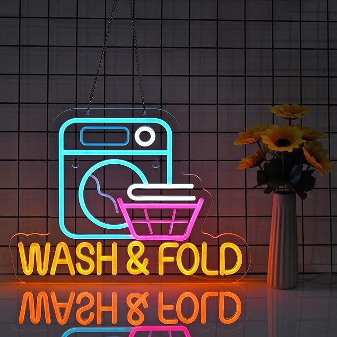 Wash & Fold Neon Sign for Laundry Room Wall Decor LED Light up Sign Business Signage for Home Laundromat Wash Room Decor Gift 16.1" x 11.8" Led Art Wall Hanging Decorative Lights