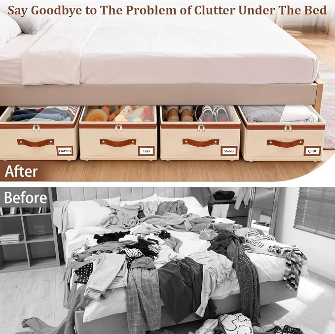 Dolicer 4 Pack Under Bed Storage with Wheels, 6in-10in Height Adjustable Underbed Storage Containers, 92L XXXL Under Bed Drawers Rolling Bin with Clear Lids for Dorm Shoes Clothes Organizers(Beige)