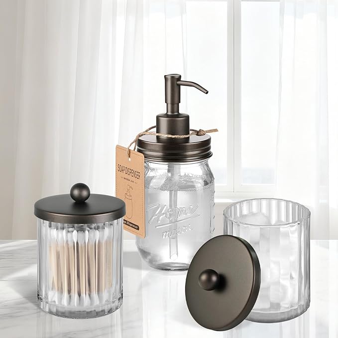 Amolliar Apothecary Jars Bathroom Vanity Storage Organizer Set, Countertop Canister with Stainless Steel Lid & Cute Stickers, Qtip Holder Dispenser for Cotton Swabs, Balls, Makeup Pads(Bronze, 4 Pack)