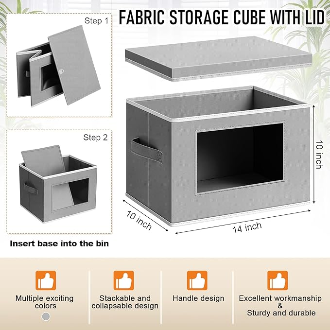10 Pcs Fabric Storage Bins with Lid 14x10 Inch Stuffed Animal Storage Boxes with Window Handle Collapsible Cube Organizer Basket for Shelves Closet Bedroom Office Clothes Books (Dark Gray)