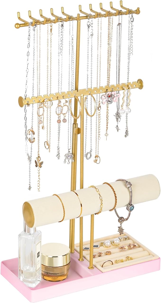 Tirzah 3-Tier Adjustable Gold Jewelry Holder Organizer Stand with 20 Necklace Hooks, 18 Earring Holes and Notches, Bracelet Holder, 6 Ring Rolls, Pink Tray for Girls, Women