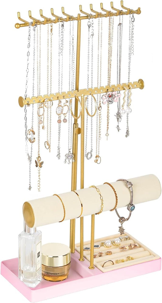Tirzah 3-Tier Adjustable Gold Jewelry Holder Organizer Stand with 20 Necklace Hooks, 18 Earring Holes and Notches, Bracelet Holder, 6 Ring Rolls, Pink Tray for Girls, Women