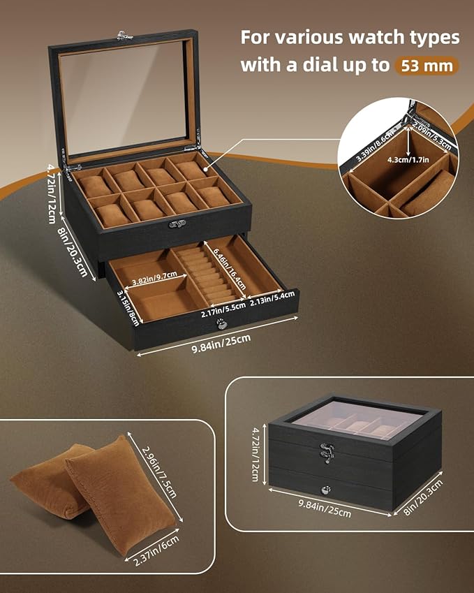Uten 8-Slot Watch Box, 2-Layers Solid Wood Watch Display Case with Glass Lid, Watch Holder Organizer with Soft Pillow and Velvet Lining, Watch and Jewelry Storage Box