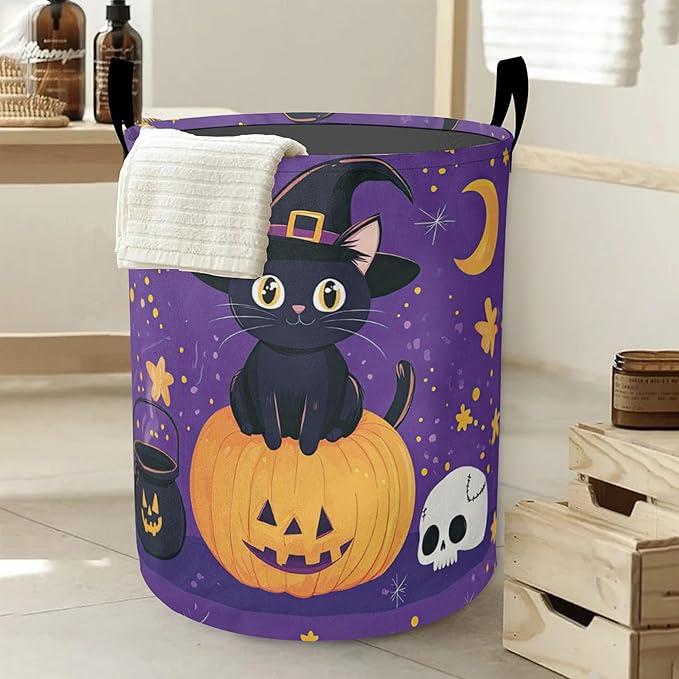 Laundry Basket,Halloween Cat Large Canvas Fabric Lightweight Storage Hamper Organizer Dirty Clothes Collapsible Waterproof for College Dorms,Bathroom