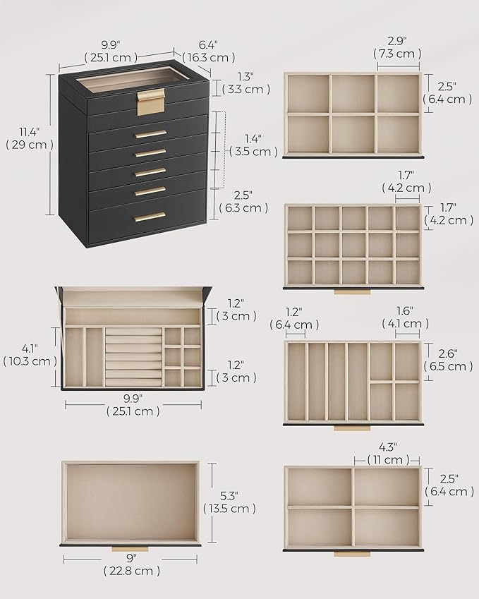 SONGMICS Jewelry Box Organizer with Glass Lid, 6-Layer Jewelry Storage, with 5 Drawers, Modern Style, 6.4 x 9.9 x 11.4 Inches, Graphite Black and Gold Color UJBC171B01