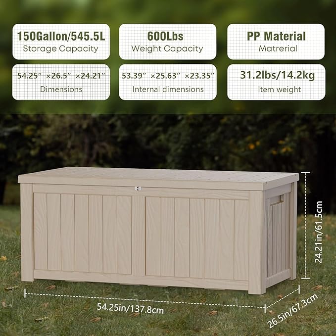 Heavy-Duty 150 Gallon Waterproof Deck Storage Boxes for Outdoor, Patio Deck Box Storage Organizer, Lockable Resin Chest for Cushions & Tools, UV-Resistant, Slate Grey