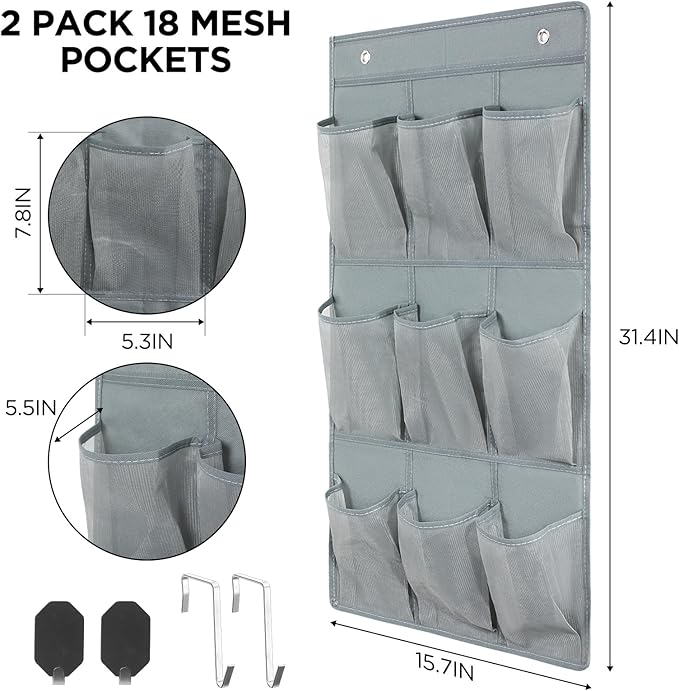 2 Pack 18 Pocket Wall Hanging Shoe Rack for Closet RV Shoe Storage with 8 Hooks over the Door Shoes Holder Organizer for Bathroom, RV, Pantry, Camping(Gray)