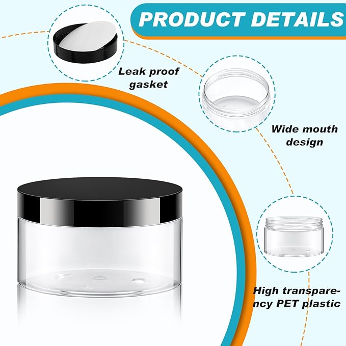 Dandat 24 Pcs 8 oz Plastic Jar Container with Lid and Label Refillable Empty Round Clear PET Cosmetic Sample Slime Containers for Lotion, Cream, Ointments, Body Butter, Makeup, Travel Storage