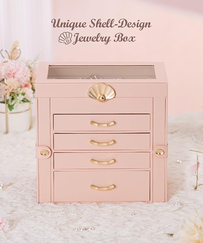 Jewelry Box with 4 Drawers : Display Organizer for Earrings Necklaces - Christmas Gifts for Girls Women (Peach Pink)