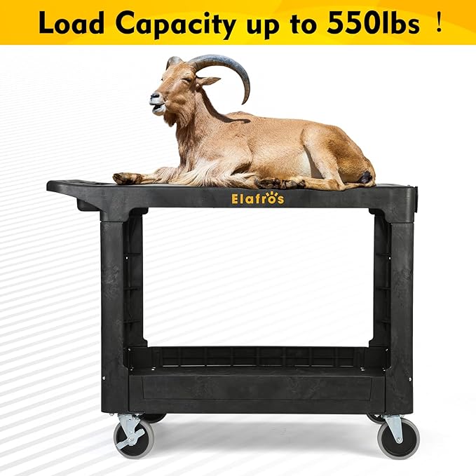 ELAFROS Large Heavy Duty Plastic Utility Cart Flat top 42.5 x 25 Inch - Work Cart Flat Shelves and Full Swivel Wheels Holds up to 550 lbs - 2 Tier Service Cart for Warehouse,Garage, Cleaning Black