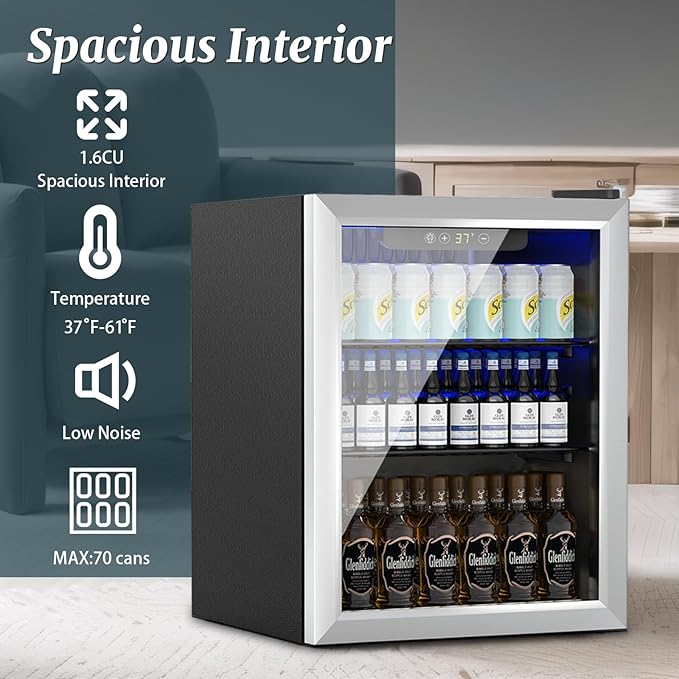 1.7 Cu.ft Beverage Refrigerator Cooler, 72 Cans Mini Fridge with Glass Reversible Door, Digital Temperature Display for Soda, Beer or Wine For Office or Bar with Removable Shelves