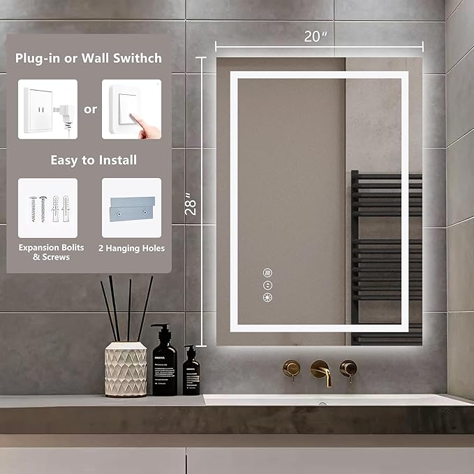 20" x 28" LED Lighted Bathroom Mirror - Backlit + Front Lit Dimmable Vanity Mirror with 3 Color Temperature, Anti-Fog, Memory Function, Shatter-Proof Tempered Glass Wall Mounted LED Mirror