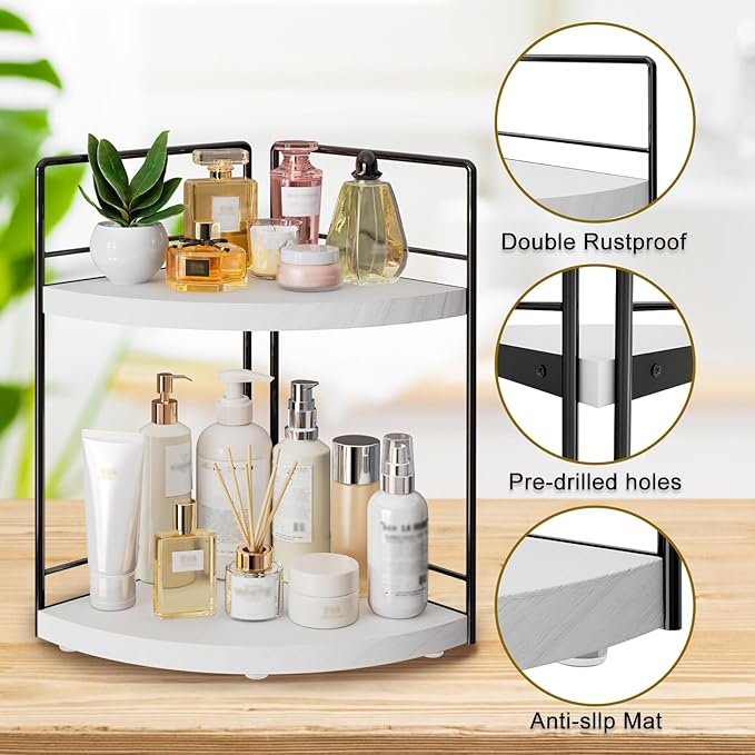 2 Pack Bathroom Counter Organizer,2 Tier Corner Bathroom Counter Organizer, Wooden Vanity Organizer for Bathroom Organizers and Skincare Cosmetics Dresser Storage