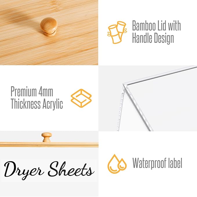 JYPS Clear Acrylic Dryer Sheet Holder with Bamboo Lid & Labels, Fabric Softener Dispenser for Laundry Room Organization Decor, Bathroom Storage Container Box, for Scent Booster,Powder,Pods