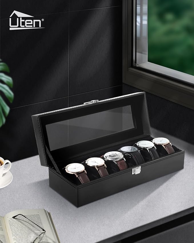 Uten Watch Box, 6 Slots Watch Case, Watch Organizer Jewelry Storage with Large Glass Lid, Black Lining, Watch Display Box for Men & Women Gift