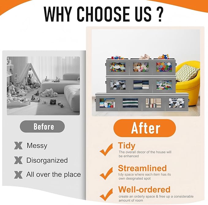 10 Pcs Fabric Storage Bins with Lid 17x12 Inch Stuffed Animal Storage Boxes with Window Handle Collapsible Cube Organizer Basket for Shelves Closet Bedroom Office Clothes Books (Dark Gray)