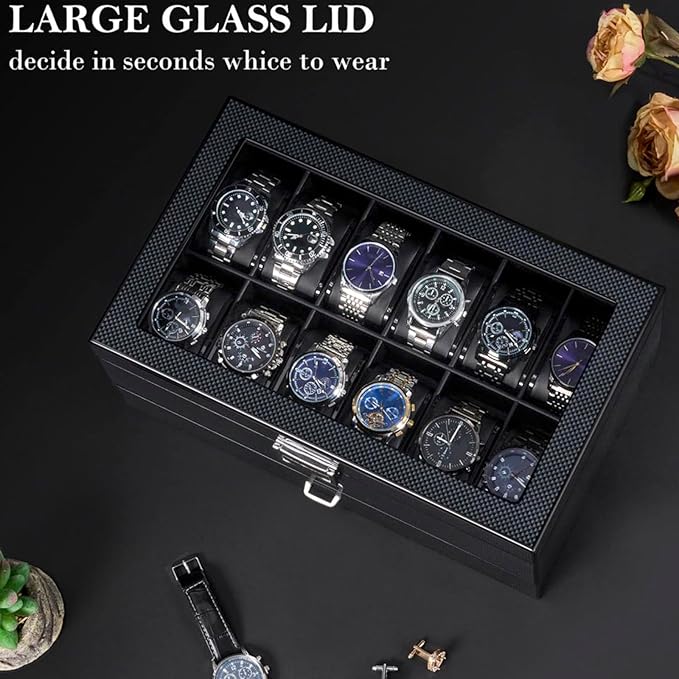 BEWISHOME High-End Watch Case, 12-Slot Wooden Watch Box with Valet Drawer, 2-Layer Watch Organizer Watch Display Case for Jewelry, Watch Storage Holder for Men Women Black SSH02A