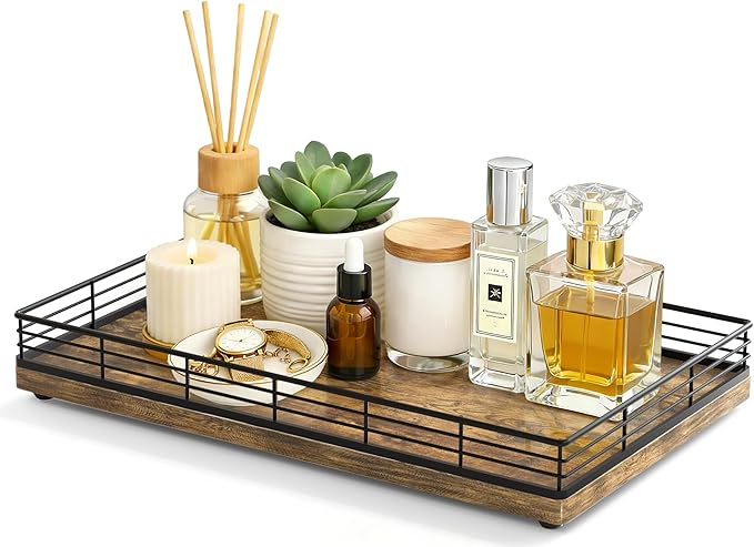Large Bathroom Vanity Tray – 13" x 8" Decorative Wooden Tray for Bathroom Countertop & Vanity Organizer, Wood Tray for Perfume, Skincare Accessories Storage, Vanity Dresser Decor Black & Rustic Brown