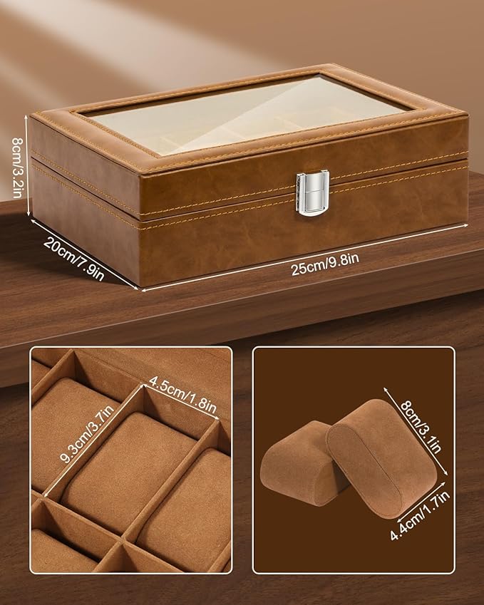 Uten 10-Slot Watch Box, PU Leather Watch Case with Glass Lid, Watch Holder Organizer with Soft Pillow and Velvet Lining, Watch and Jewelry Storage Box