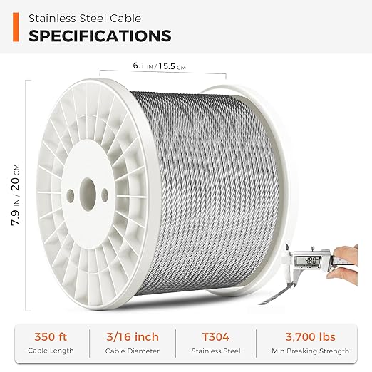 WAYSKA 350FT 3/16" 304 Stainless Steel Cable, Heavy Duty 7x19 Strands Wire Rope 3700lbs Load for Deck Railing, Zip Lines, Clotheslines and DIY Balustrades