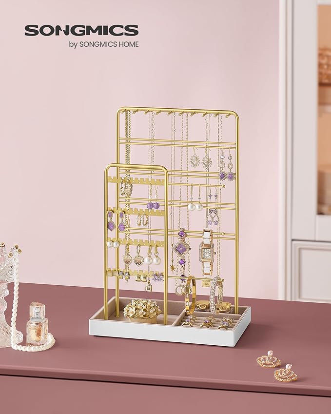 SONGMICS Jewelry Holder, Jewelry Organizer, Jewelry Display Stand with Metal Frame, Velvet Tray, Necklace Earring Bracelet Holder, for Studs, Rings, Gift Idea, Pale Gold UJJS028A01