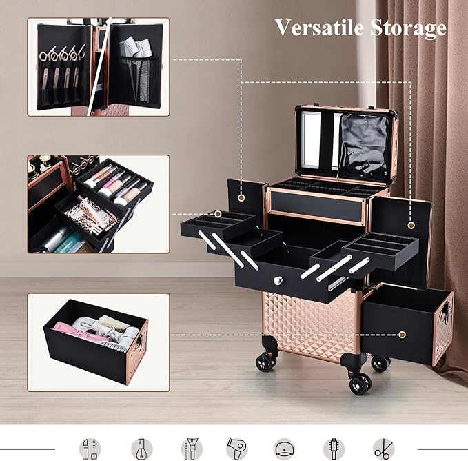 Adazzo Professional Makeup Artist Rolling Train Case Multi-functional Cosmetic Train Case Large Trolley Storage Case for Nail Technicians Cosmetology Case for Hairstylist Rose Gold