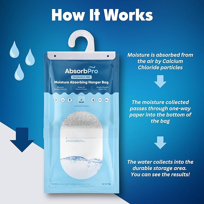 Moisture Absorbing Hanger Bag Fragrance Free - 10-Pack - 9.8 oz Hanging Dehumidifying Packs for Home, Kitchen, Bedroom, Bathroom, Closet, Rooms, Cars