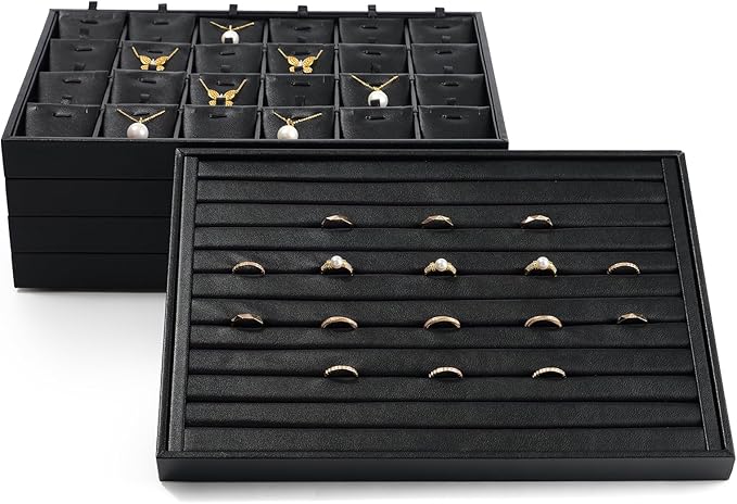 12 Grids Black Leather Jewelry Trays Stackable Jewelry Organizer Trays For Drawer Bracelet Earring Display Watches Brooches Display (Black)