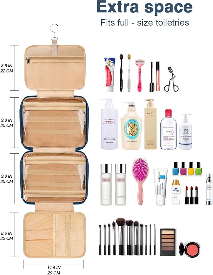 Women's Hanging Toiletry Bag, Waterproof Travel Cosmetic Organizer with Jewelry Storage, Large Capacity Makeup Case for Full-Size Skincare & Bathroom Essentials, Portable Cosmetic kit, Navy