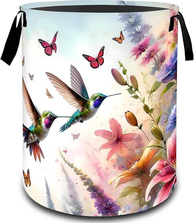 Floral Hummingbird Butterfly Laundry Basket, Dirty Collapsible Clothes Toy Organizer Hamper for Kids Adults, Oxford Cloth Waterproof Storage Bin for Bathroom Home Decor Gifts, 19.7"X15.7"