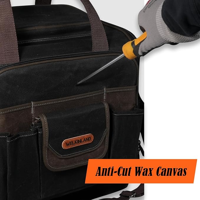 WELKINLAND 54Pockets Electrician Tool Bag, Heavy-Duty Hard Bottom Tool Bag, WaterProof Waxed Canvas Tools Bag, Technician Tool Bags, HVAC Tools Bag For professionals