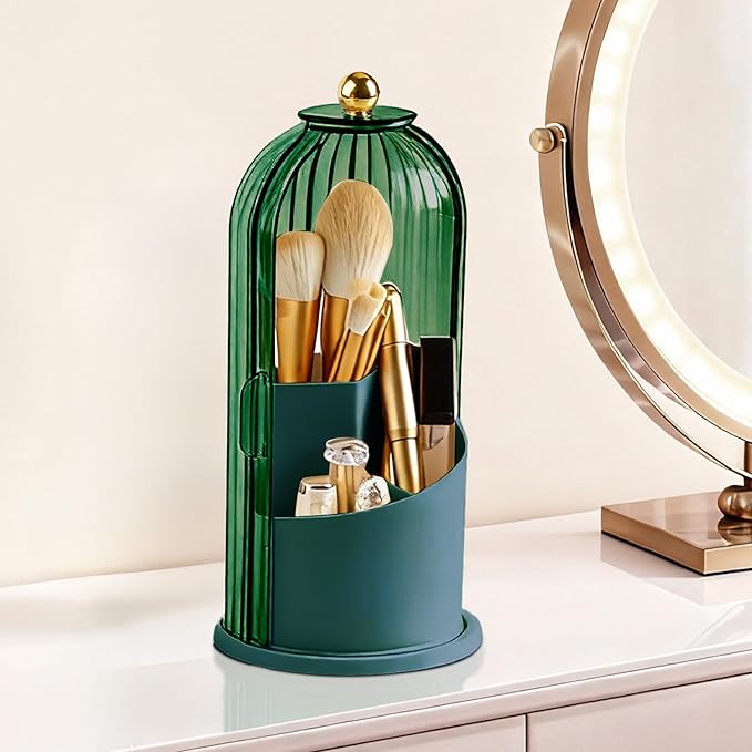 360° Rotating Makeup Brush Holder with Lid, Waterproof Three-Compartment Makeup Organizer, 180° Side-Pull Door Desk Organizer, Dustproof Brush Holder for Vanity and Bathroom (Green)