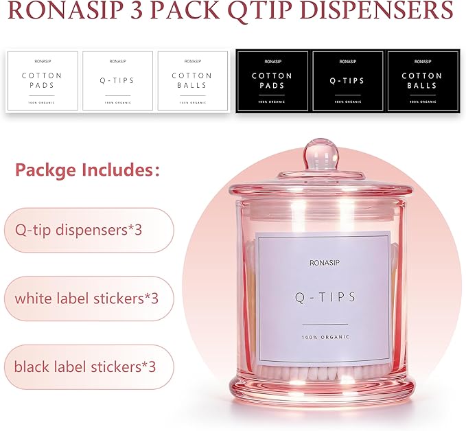 3 Pack Qtip Holder Dispenser, 16oz bathroom Organizer and Storage Canisters, Glass Apothecary Jars with Lid - Home Decor, Room Decor Aesthetic (Pink)