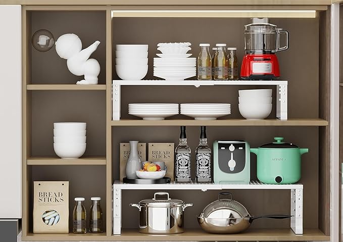 Expandable Cabinet Shelf Organizer Storage Spice Rack Shelves for Kitchen Stackable Adjustable Pantry Cupboard Bathroom Countertop Desktop(1Pack/White/Large-with Hole)