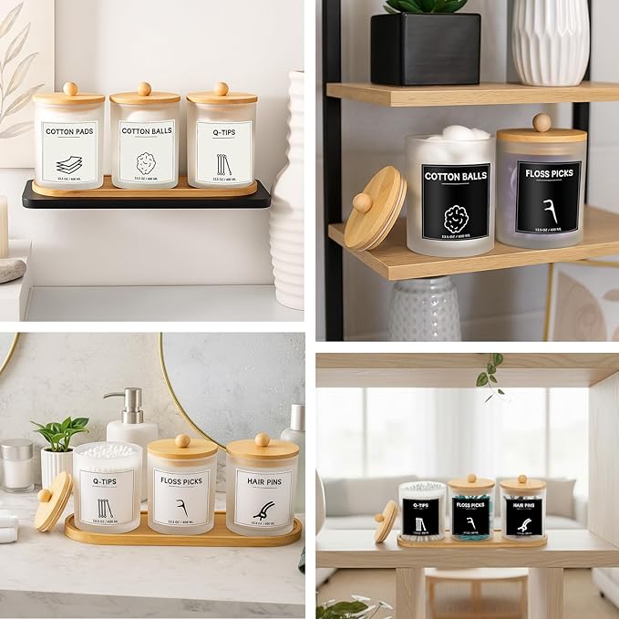 3 PCS Qtip Holder for Bathroom, Cotton Ball Holder, with Tray, Bathroom Organizers and Storage, Bathroom Jars for Floss Picks, Cotton Swabs, Balls, Pads (Frosted)