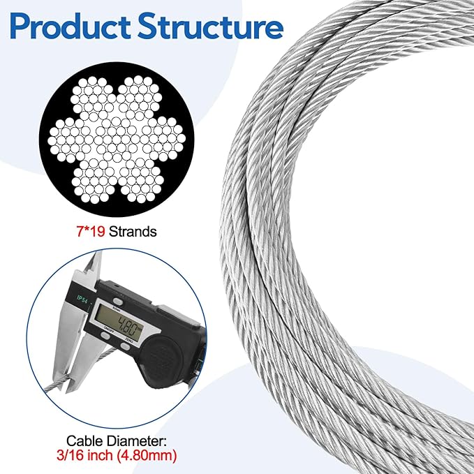 BLIKA 50FT 304 Stainless Steel Cable, Stainless Steel Decking Railing 3/16 inch with 7 x 19 Strand Construction, 3700lbs Breaking Strength Marine Grade for Rail, Deck, Clothesline and DIY Balustrade