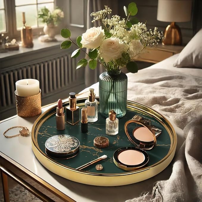 Ceramic Vanity Tray for Bathroom, Jewelry, and Makeup – Decorative Organizer Tray for Countertops, Dresser, or Sink – Elegant Green Round Design, Durable & Stylish Storage Solution
