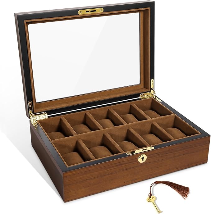 Uten Watch Box with 10 Slots, Watch Case Organizer with Golden Lock and Key, Wooden Watch Display Storage Box with Removable Watch Cushions, Velvet Lining, Metal Clasp, Gift for Men & Women