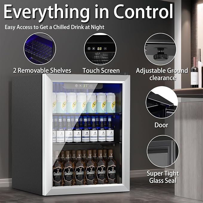 1.7 Cu.ft Beverage Refrigerator Cooler, 72 Cans Mini Fridge with Glass Reversible Door, Digital Temperature Display for Soda, Beer or Wine For Office or Bar with Removable Shelves