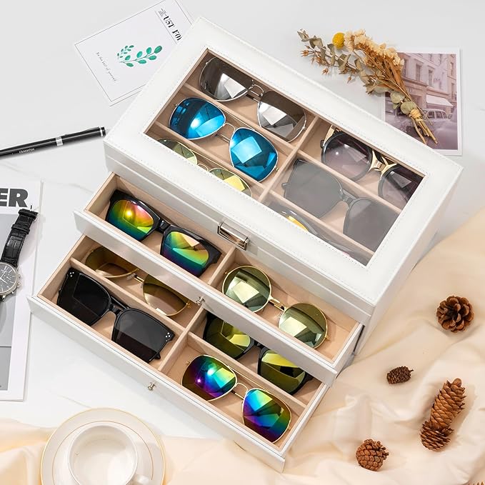 ProCase 3-layer Sunglasses Storage Organizer, 18 Slots Leather Sunglass Box Multiple Pairs Eyeglass Cases Eye Glass Eyewear Display Holder for Men Women, Father's Day Gift -White