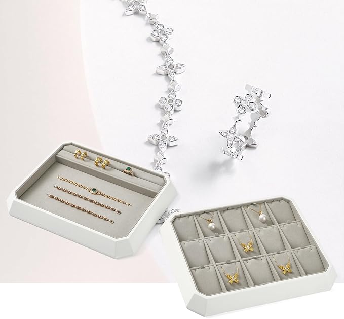 Premium PU Leather Stackable Jewelry Ring Display Tray Ring Earring Display Holder Organizer Showcase(Grey)