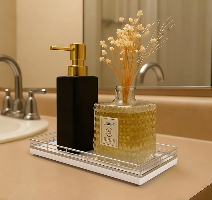 Bathroom Vanity Tray – 12" x 6" Oak Decorative Wooden Tray for Toilet Tank Organizer Wood Tray for Bathroom Countertop, Soap, Perfume & Accessories Storage, Vanity Dresser Decor, Sliver & White