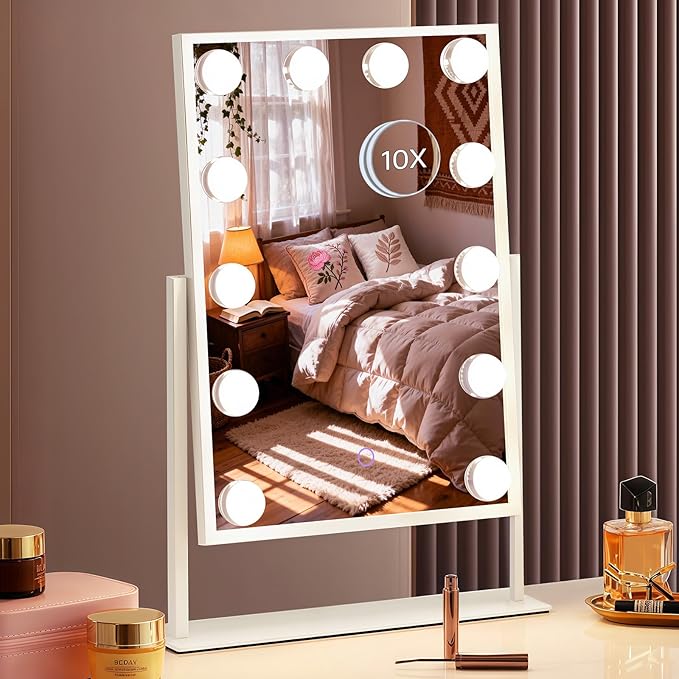 Hollywood Vanity Mirror with Lights, 14" x 19" Lighted Makeup Mirror with 3 Color Lights & Adjustable Brightness, 360° Swivel, Women's LED Mirror for Bedroom College Dorm for Desk