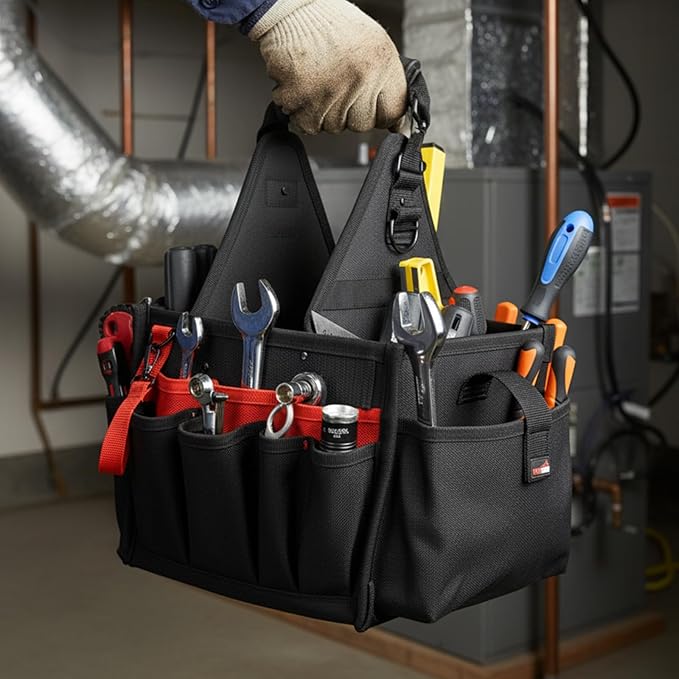 MELOTOUGH Electrical and Maintenance Tool Carrier 24-Pocket Large Electrician Tool Pouch Bag Open Top Tools Tote Bag with ‌Waterproof Base & Dual Carry Handle‌ for Gardeners/Technician
