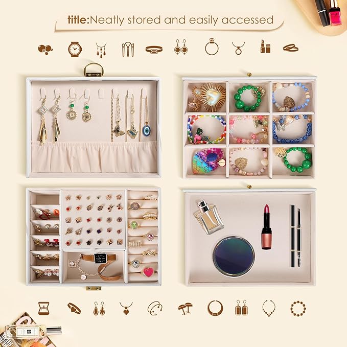 3 Layer Jewelry Box, Lockable Jewelry Holder Organizer with Jewelry Drawer, Large Jewelry Boxes & Organizer with Velvet Earring Storage, Unique Gifts for Women Mom