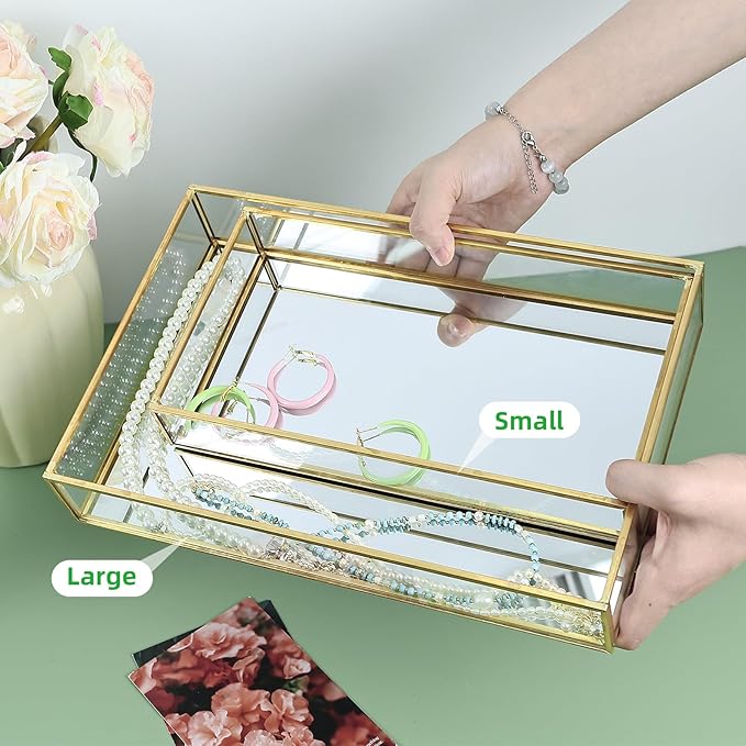 HighFree Rectangle Gold Mirror Tray, Decorative Glass Mirrored Vanity Tray for Perfume, Cosmetics, Makeup, Trinket, Jewelry (10.2X 5.5x1.6)