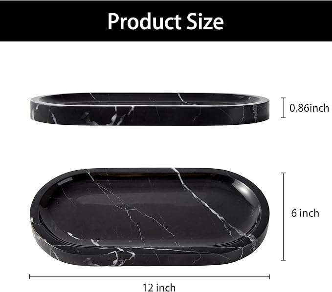 Denique Natural Marble Bathroom Tray, 12"x6" Vanity Tray Black Marble Decorative Tray, Countertop Organizer for Perfume & Candles, Jewelry Dish Ring Holder for Bathroom Counter, Vanity, Dresser