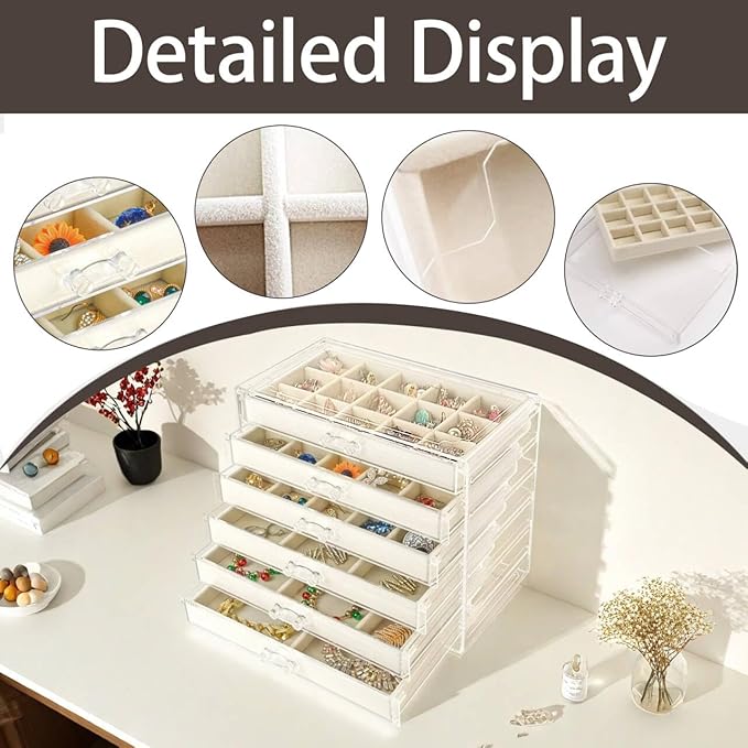 Acrylic Jewelry Box with 6 Drawers, Clear Earring Storage Organizer Display Case for Women Girls, Beige